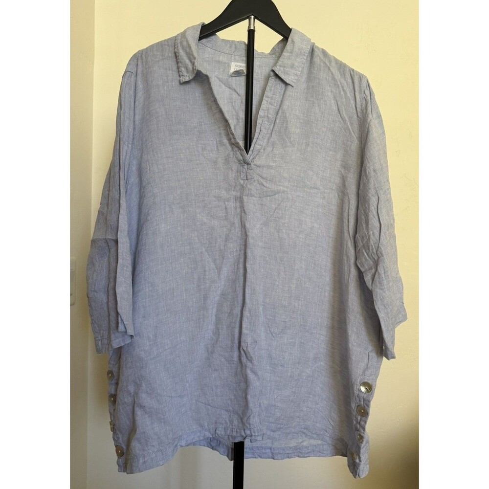 Sigrid Olsen Women’s 1X 100% Linen Tunic Blouse Side Hem Buttons Lagenlook XL